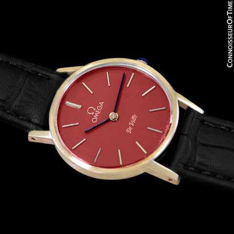 c. 1980 Omega De Ville Vintage Ladies Watch with Berry Red Dial - 18K Gold Plated & Stainless Steel
