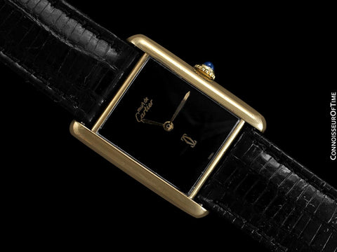 Cartier Vintage Mens Tank Watch with Black Dial - Gold Vermeil, 18K Gold over Sterling Silver