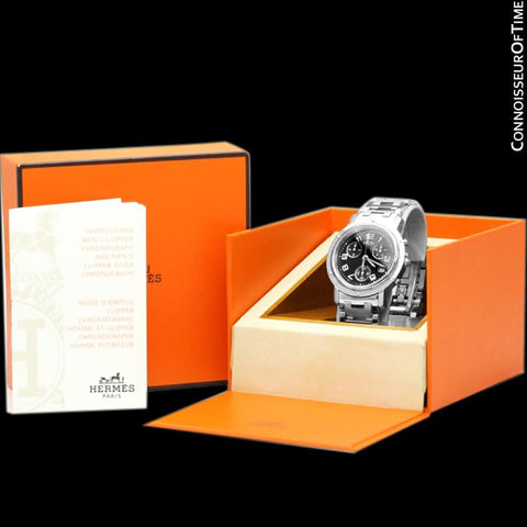 Hermes Clipper Mens Full Size 38mm Chronograph Quartz Watch with Box and Booklet - Stainless Steel