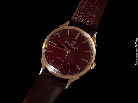 1960's Girard Perregaux Vintage Large 37mm Mens Wine Dial Dress Watch - 18K Rose Gold