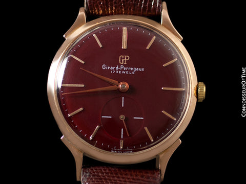1960's Girard Perregaux Vintage Large 37mm Mens Wine Dial Dress Watch - 18K Rose Gold