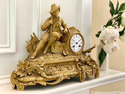 French Gilt-Bronze Figural Hunter Mantel Clock - *OWNED & USED in Master Bedroom by JOHNNY CASH*